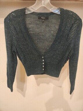 Express Emerald & Teal V-Neck Cropped Shiny Metallic Button Cardigan Sweater